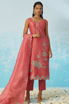 Pinkish Red Crush Fabric Kameez with Pant & Crush Fabric Dupatta For Ladies Indian Festivals & Weddings - Embroidery Work