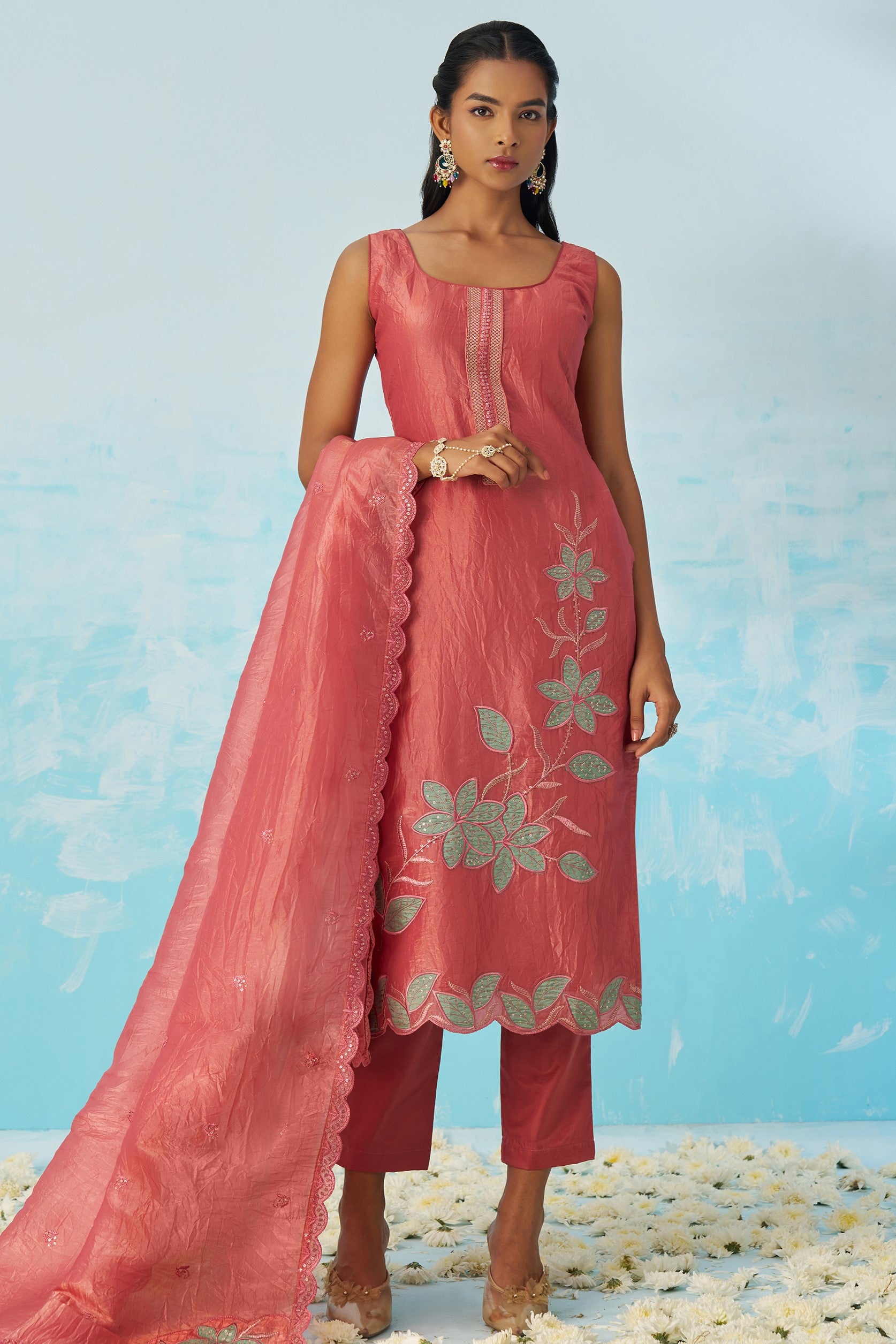 Pinkish Red Crush Fabric Kameez with Pant & Crush Fabric Dupatta For Ladies Indian Festivals & Weddings - Embroidery Work