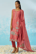 Pinkish Red Crush Fabric Kameez with Pant & Crush Fabric Dupatta For Ladies Indian Festivals & Weddings - Embroidery Work