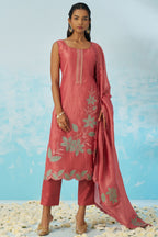 Pinkish Red Crush Fabric Kameez with Pant & Crush Fabric Dupatta For Ladies Indian Festivals & Weddings - Embroidery Work