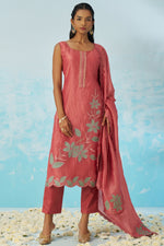 Pinkish Red Crush Fabric Kameez with Pant & Crush Fabric Dupatta For Ladies Indian Festivals & Weddings - Embroidery Work