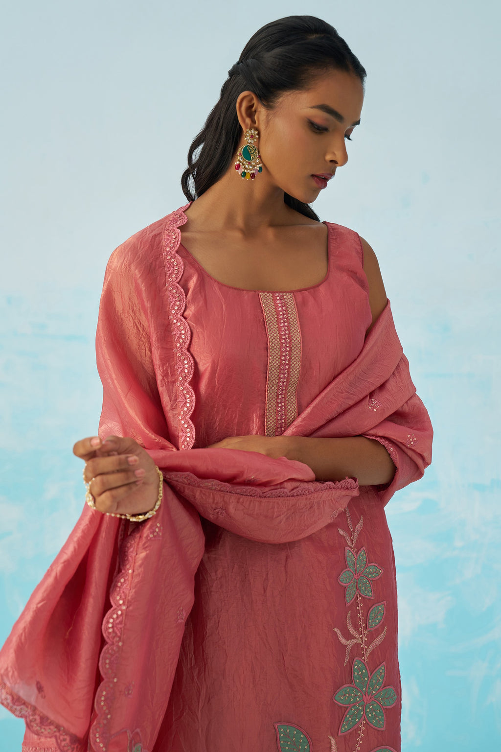 Pinkish Red Crush Fabric Kameez with Pant & Crush Fabric Dupatta For Ladies Indian Festivals & Weddings - Embroidery Work