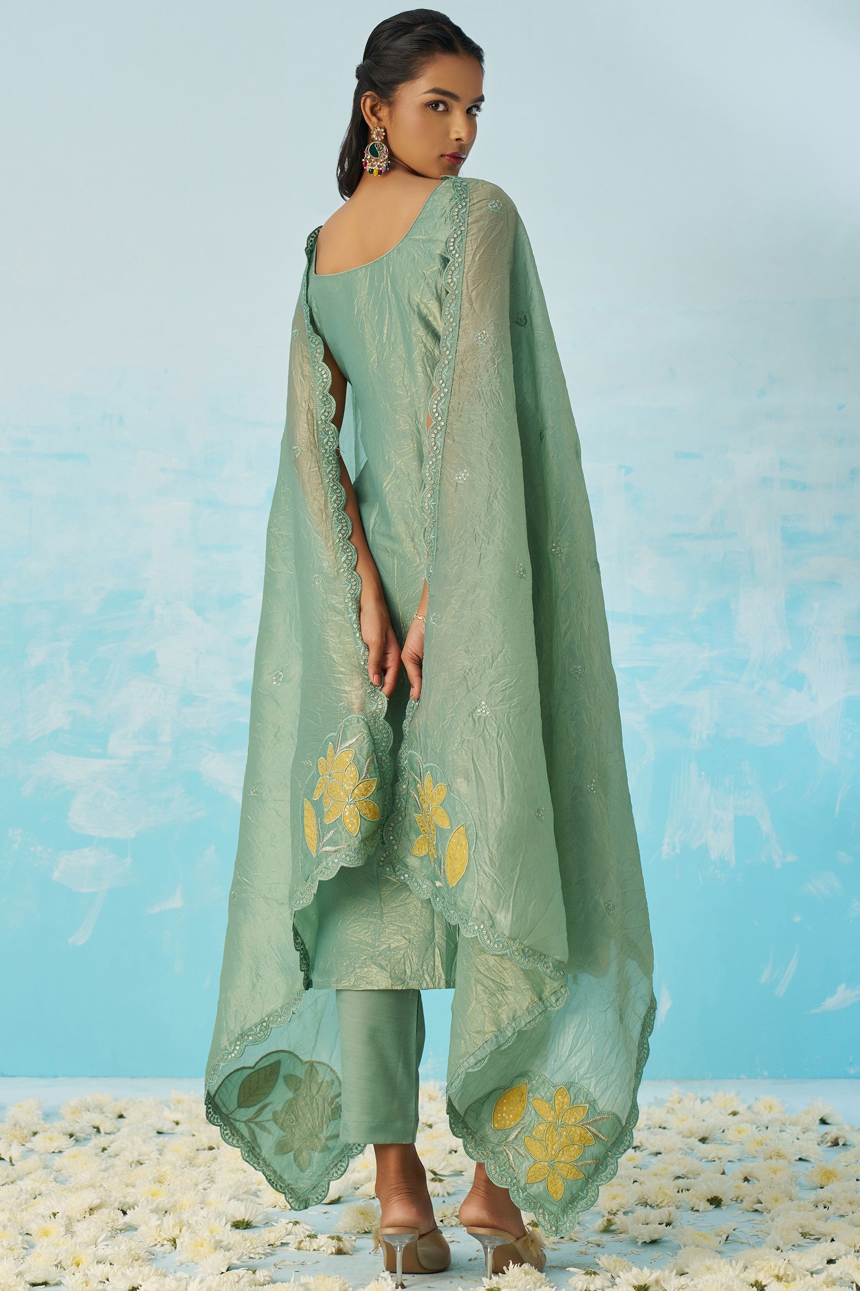 Light Green Crush Fabric Kameez with Pant & Crush Fabric Dupatta For Ladies Indian Festivals & Weddings - Embroidery Work