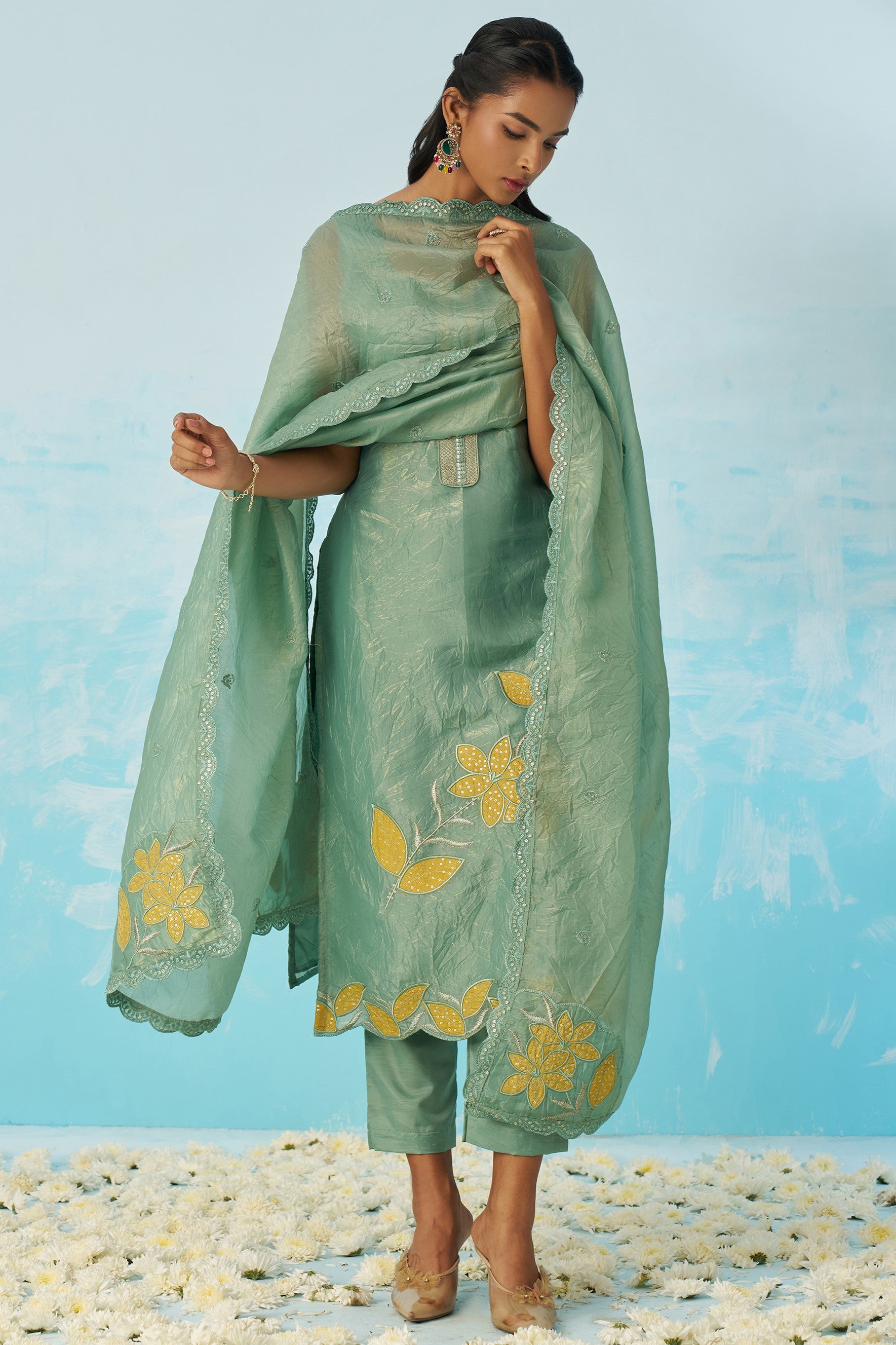 Light Green Crush Fabric Kameez with Pant & Crush Fabric Dupatta For Ladies Indian Festivals & Weddings - Embroidery Work