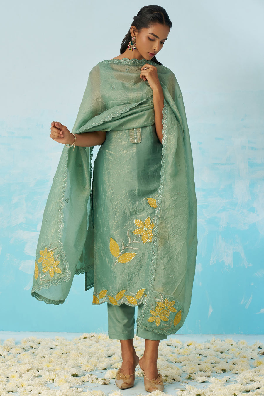 Light Green Crush Fabric Kameez with Pant & Crush Fabric Dupatta For Ladies Indian Festivals & Weddings - Embroidery Work
