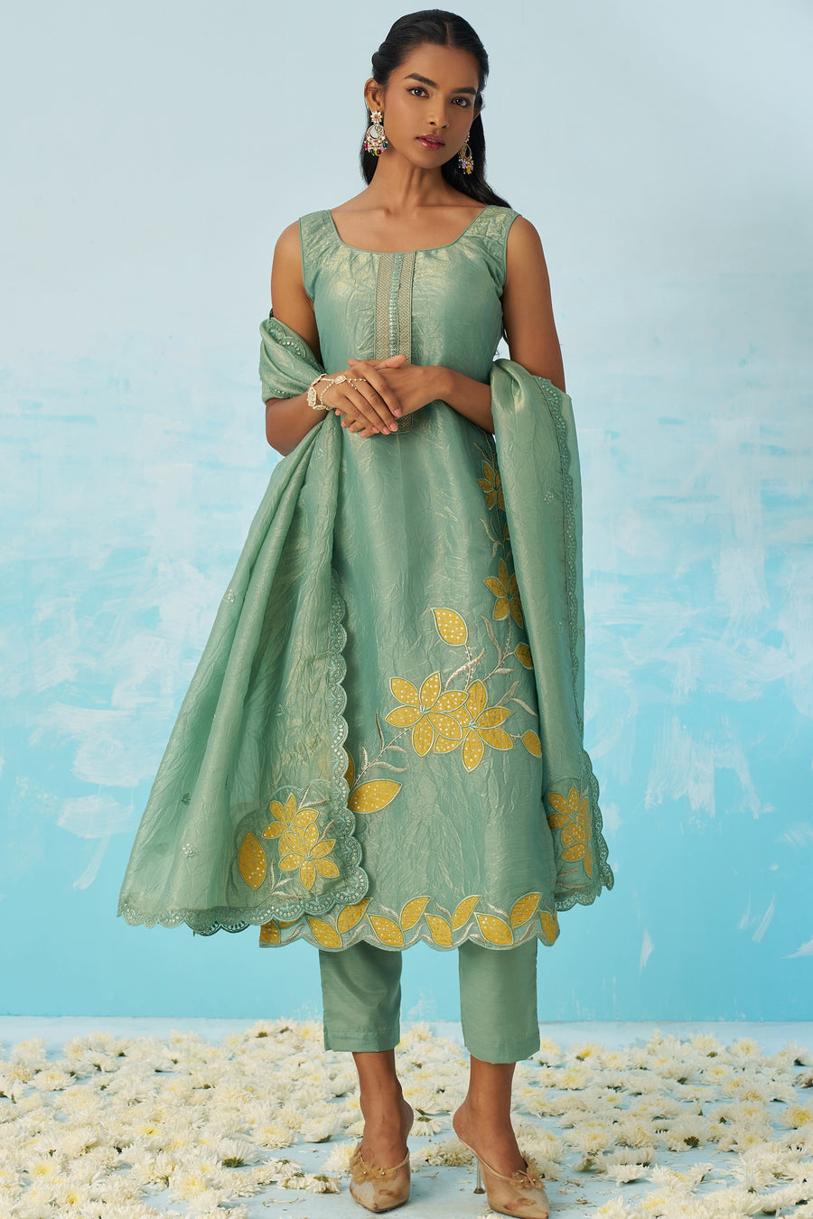 Light Green Crush Fabric Kameez with Pant & Crush Fabric Dupatta For Ladies Indian Festivals & Weddings - Embroidery Work