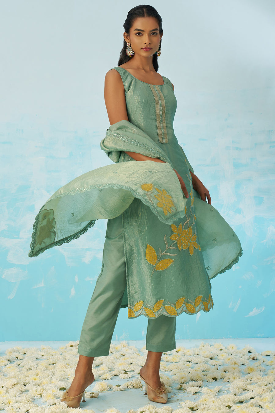 Light Green Crush Fabric Kameez with Pant & Crush Fabric Dupatta For Ladies Indian Festivals & Weddings - Embroidery Work