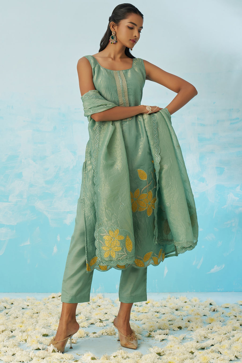 Light Green Crush Fabric Kameez with Pant & Crush Fabric Dupatta For Ladies Indian Festivals & Weddings - Embroidery Work