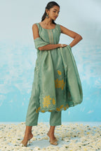 Light Green Crush Fabric Kameez with Pant & Crush Fabric Dupatta For Ladies Indian Festivals & Weddings - Embroidery Work