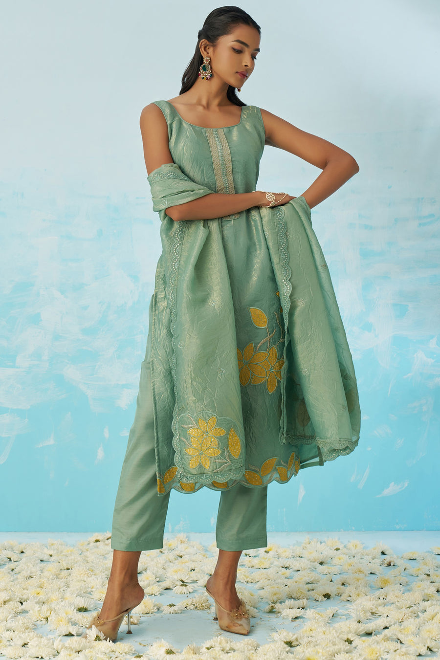 Light Green Crush Fabric Kameez with Pant & Crush Fabric Dupatta For Ladies Indian Festivals & Weddings - Embroidery Work