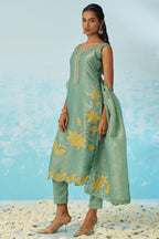 Light Green Crush Fabric Kameez with Pant & Crush Fabric Dupatta For Ladies Indian Festivals & Weddings - Embroidery Work