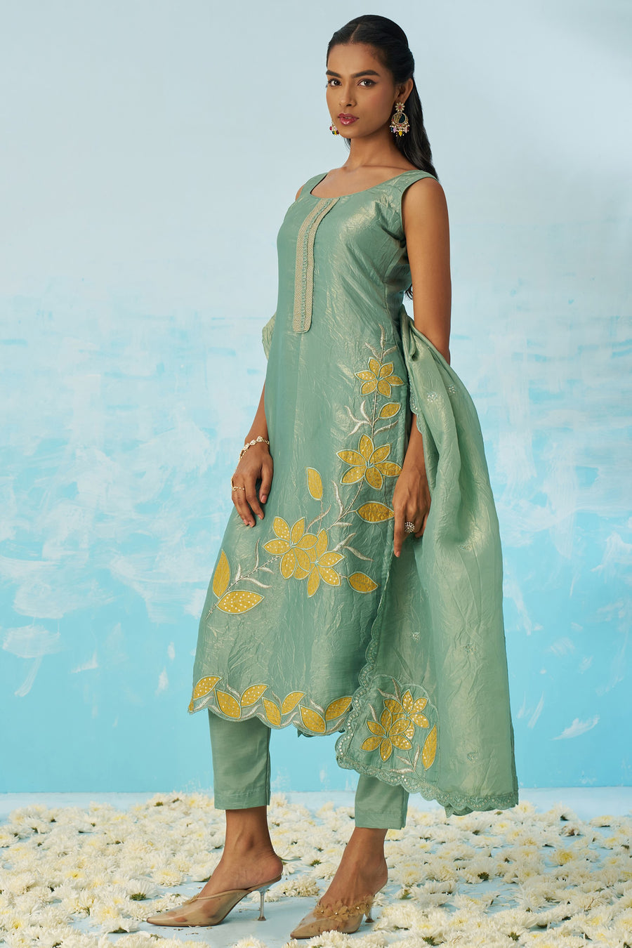 Light Green Crush Fabric Kameez with Pant & Crush Fabric Dupatta For Ladies Indian Festivals & Weddings - Embroidery Work