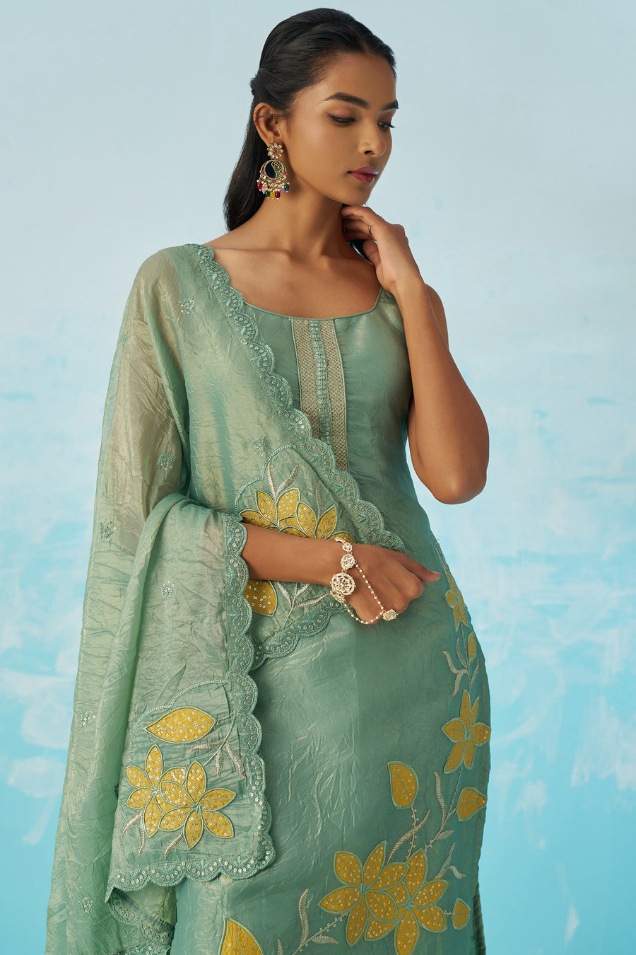 Light Green Crush Fabric Kameez with Pant & Crush Fabric Dupatta For Ladies Indian Festivals & Weddings - Embroidery Work