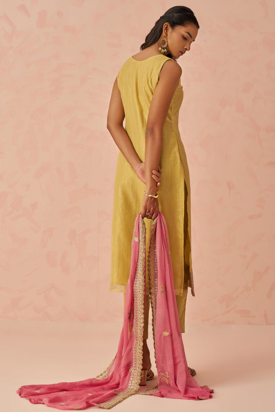 Yellow Crush Fabric Kameez with Pant & Chiffon Dupatta For Ladies Festivals & Weddings - Embroidery Work