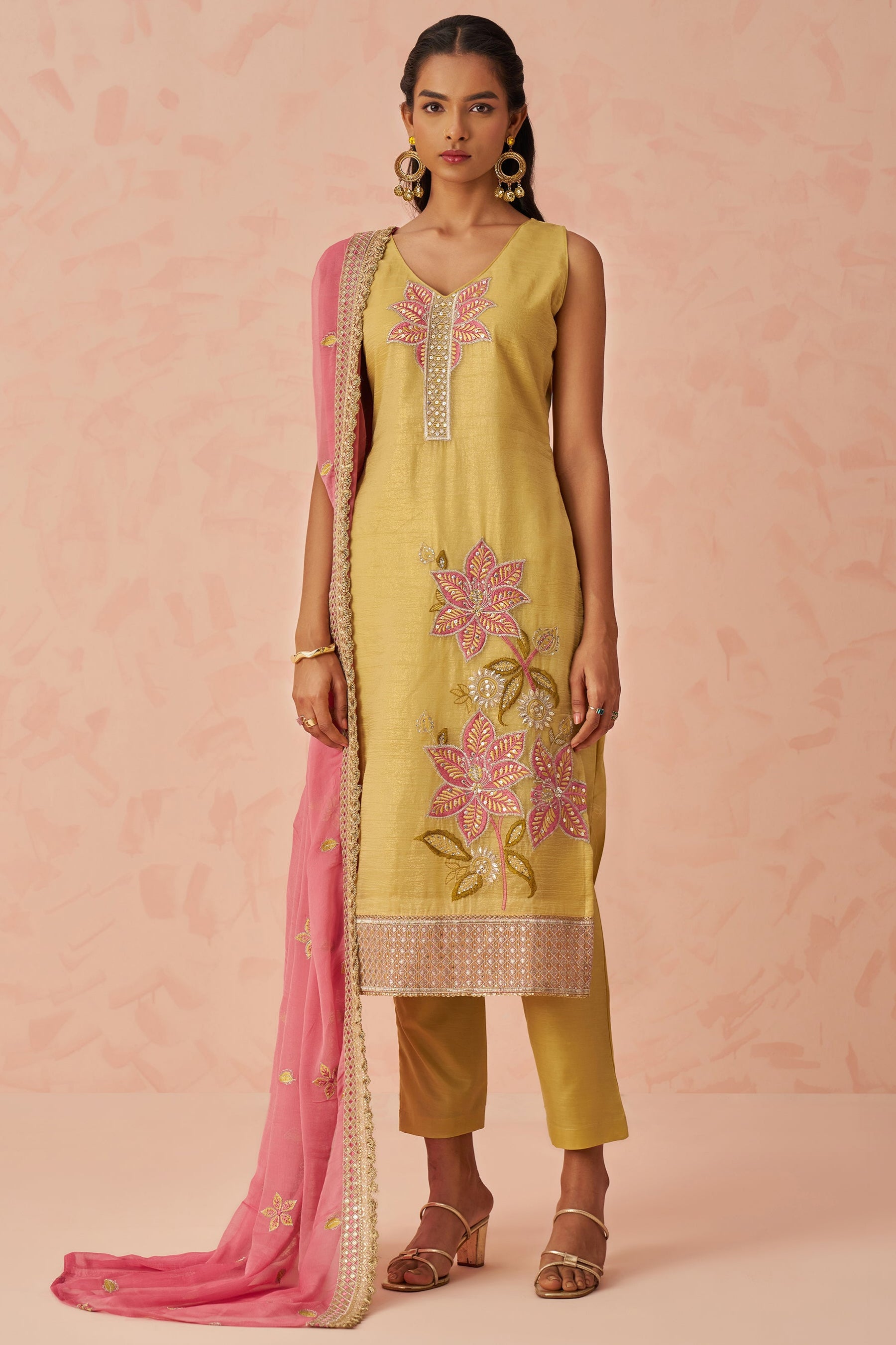 Yellow Crush Fabric Kameez with Pant & Chiffon Dupatta For Ladies Festivals & Weddings - Embroidery Work