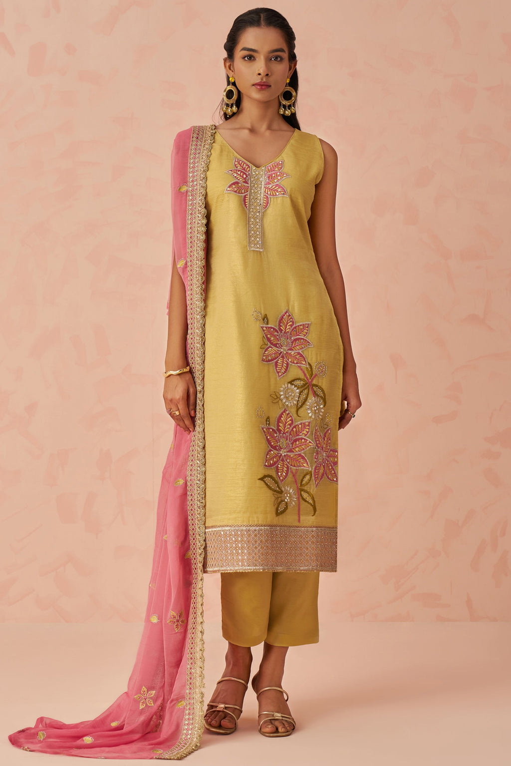 Yellow Crush Fabric Kameez with Pant & Chiffon Dupatta For Ladies Festivals & Weddings - Embroidery Work