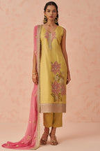 Yellow Crush Fabric Kameez with Pant & Chiffon Dupatta For Ladies Festivals & Weddings - Embroidery Work