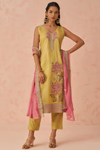 Yellow Crush Fabric Kameez with Pant & Chiffon Dupatta For Ladies Festivals & Weddings - Embroidery Work