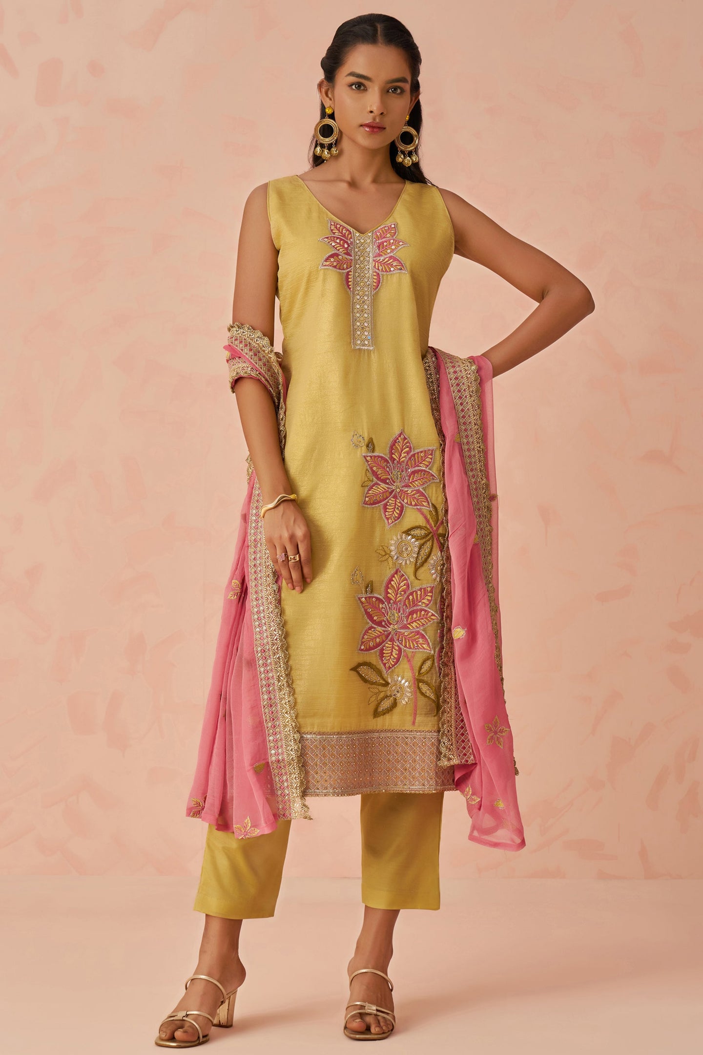 Yellow Crush Fabric Kameez with Pant & Chiffon Dupatta For Ladies Festivals & Weddings - Embroidery Work