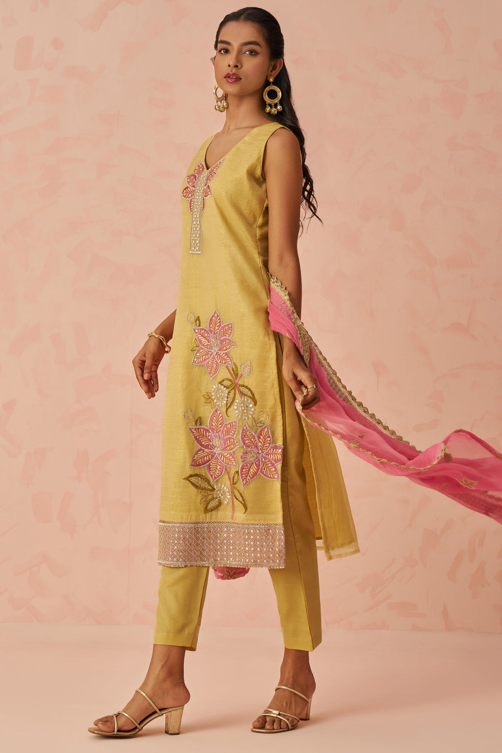 Yellow Crush Fabric Kameez with Pant & Chiffon Dupatta For Ladies Festivals & Weddings - Embroidery Work