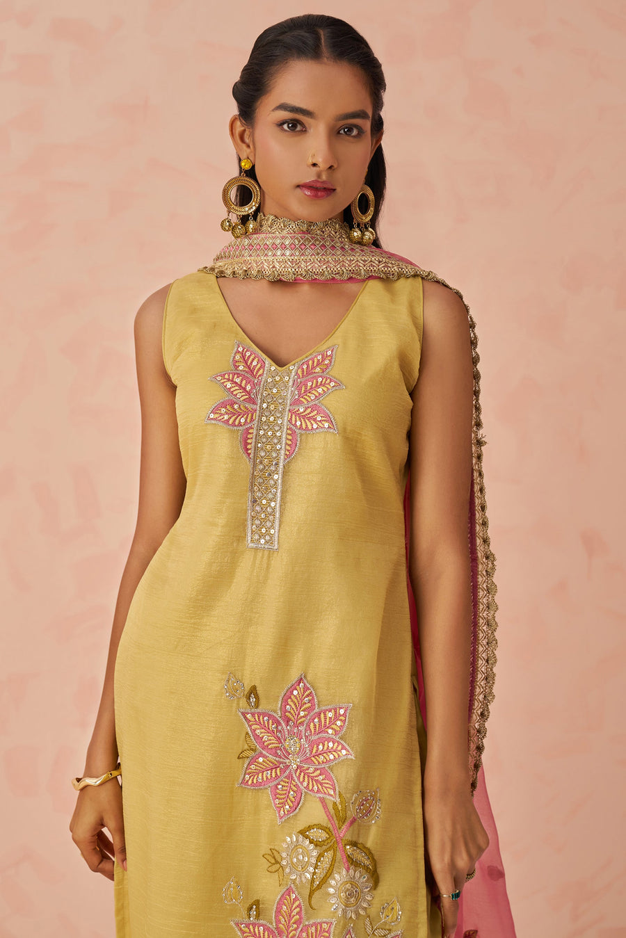 Yellow Crush Fabric Kameez with Pant & Chiffon Dupatta For Ladies Festivals & Weddings - Embroidery Work