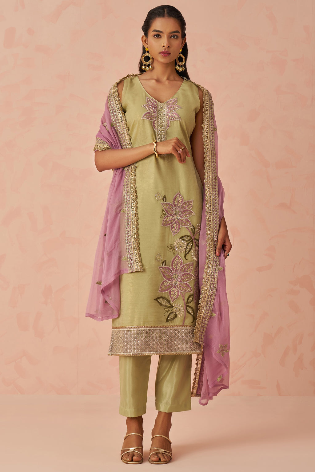 Olive Green Crush Fabric Kameez with Pant & Chiffon Dupatta For Ladies Festivals & Weddings - Embroidery Work