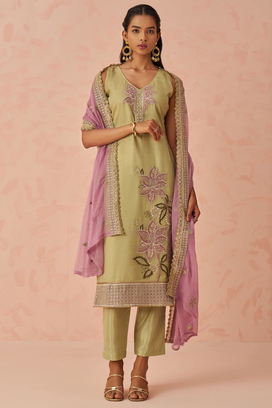 Olive Green Crush Fabric Kameez with Pant & Chiffon Dupatta For Ladies Festivals & Weddings - Embroidery Work