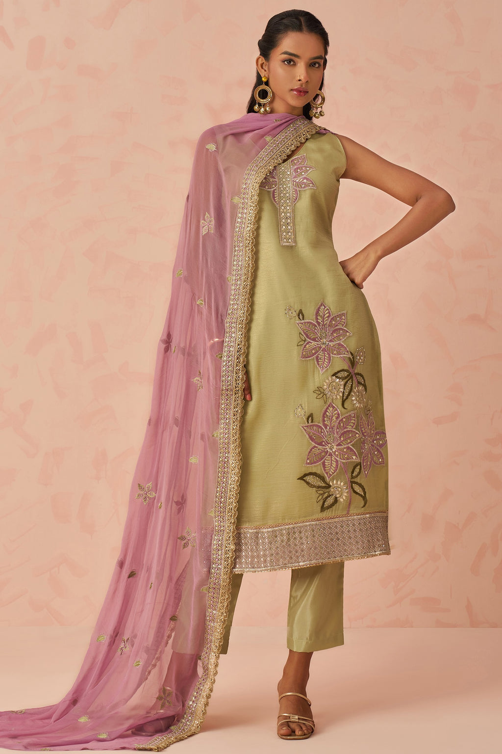 Olive Green Crush Fabric Kameez with Pant & Chiffon Dupatta For Ladies Festivals & Weddings - Embroidery Work