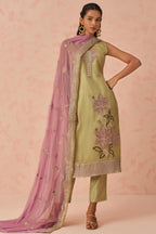 Olive Green Crush Fabric Kameez with Pant & Chiffon Dupatta For Ladies Festivals & Weddings - Embroidery Work