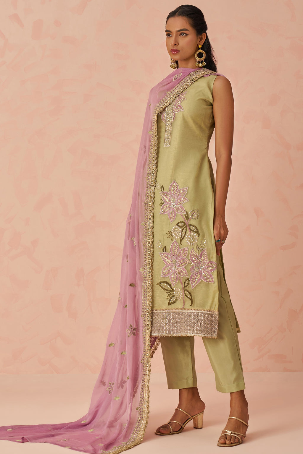 Olive Green Crush Fabric Kameez with Pant & Chiffon Dupatta For Ladies Festivals & Weddings - Embroidery Work