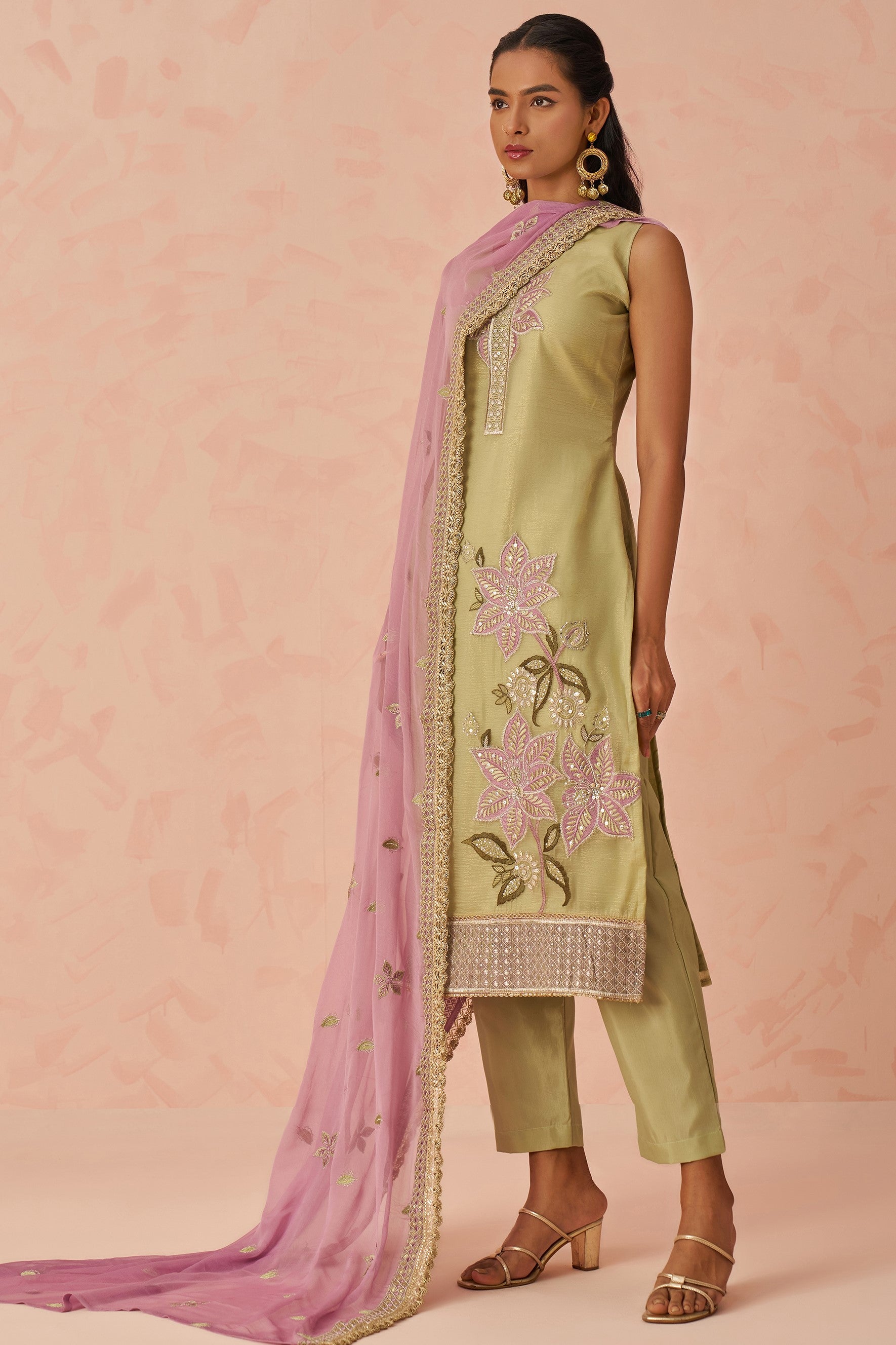 Olive Green Crush Fabric Kameez with Pant & Chiffon Dupatta For Ladies Festivals & Weddings - Embroidery Work