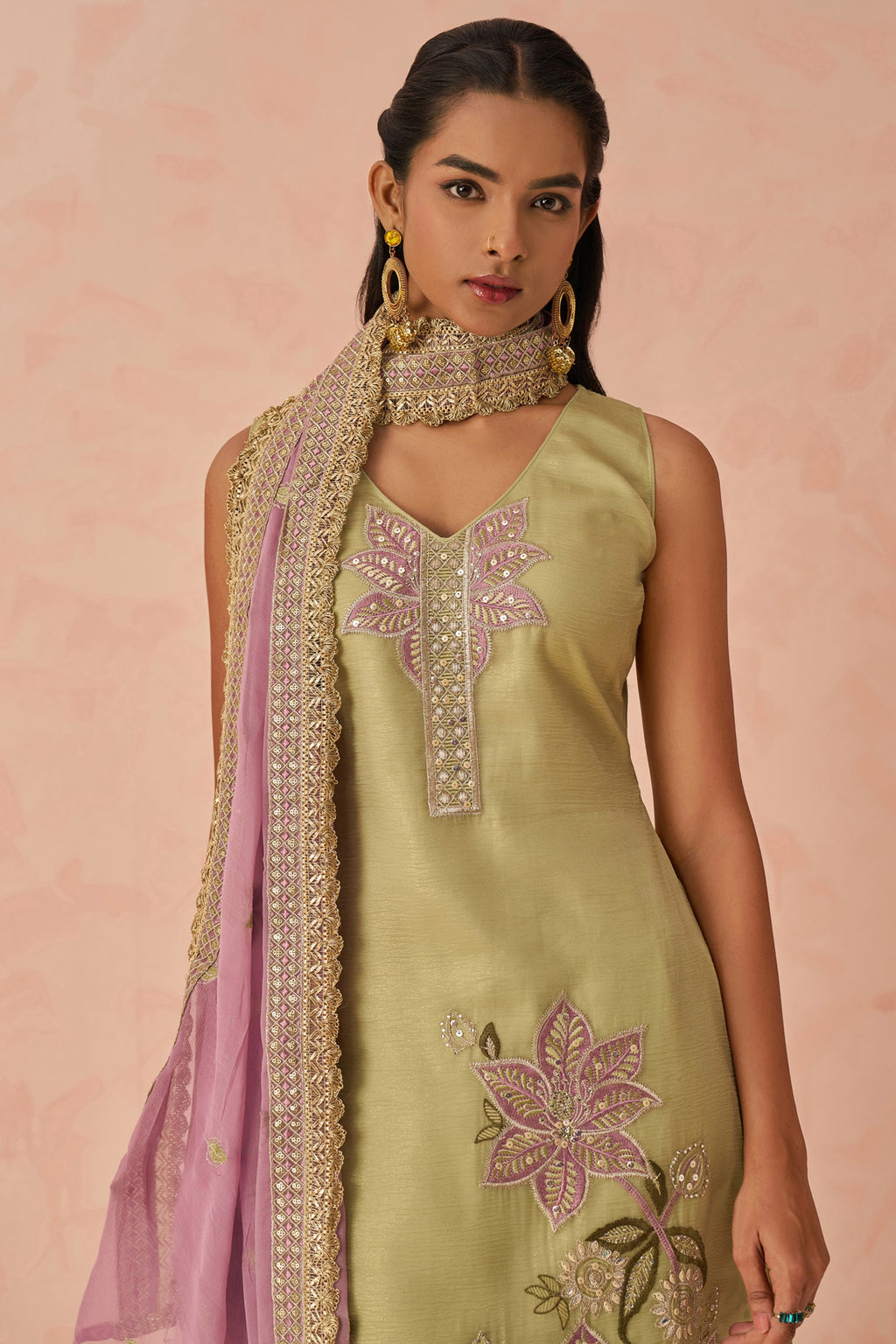 Olive Green Crush Fabric Kameez with Pant & Chiffon Dupatta For Ladies Festivals & Weddings - Embroidery Work