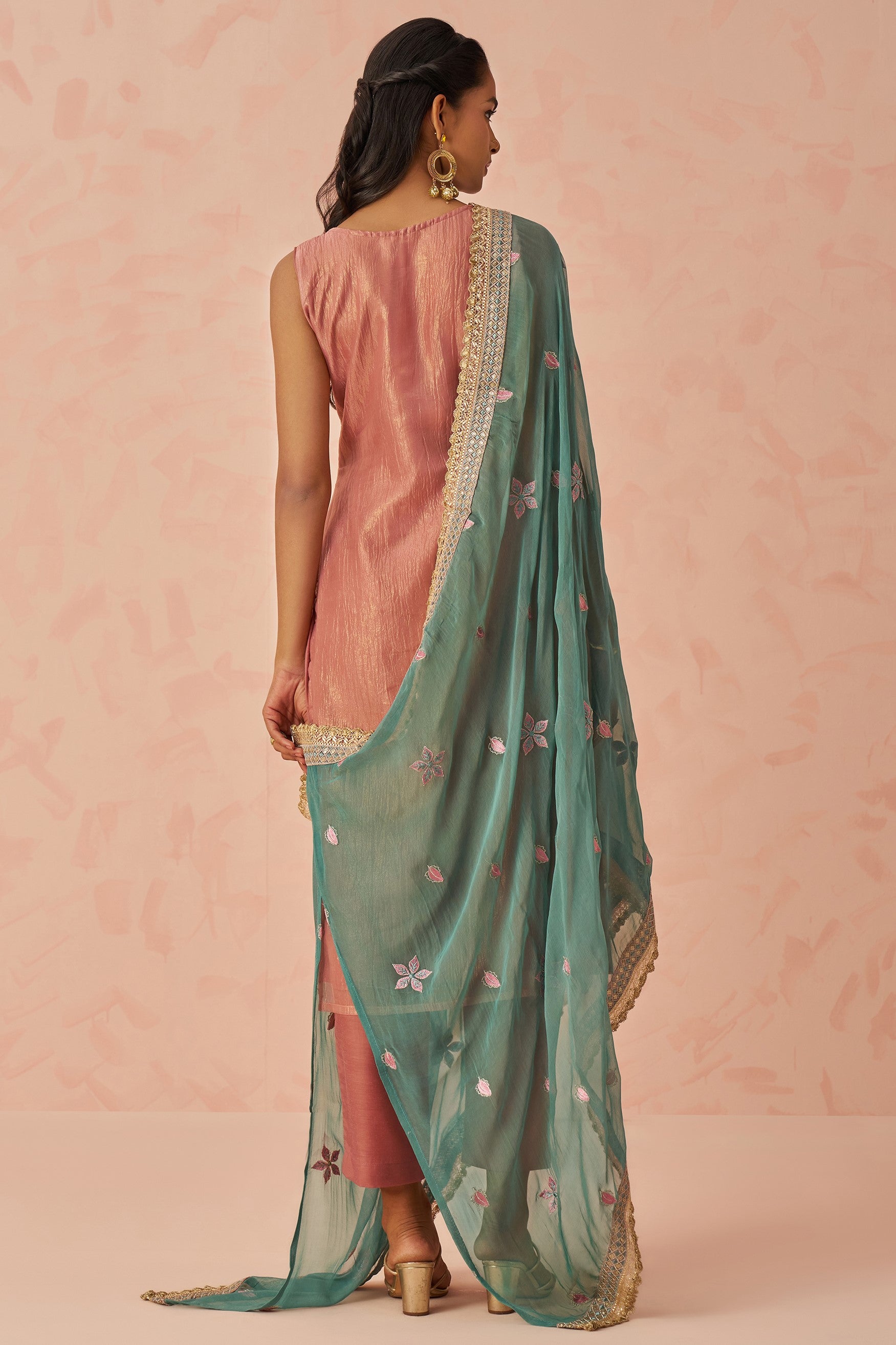 Dusty Rose Crush Fabric Kameez with Pant & Chiffon Dupatta For Ladies Festivals & Weddings - Embroidery Work