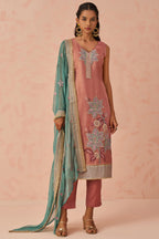 Dusty Rose Crush Fabric Kameez with Pant & Chiffon Dupatta For Ladies Festivals & Weddings - Embroidery Work