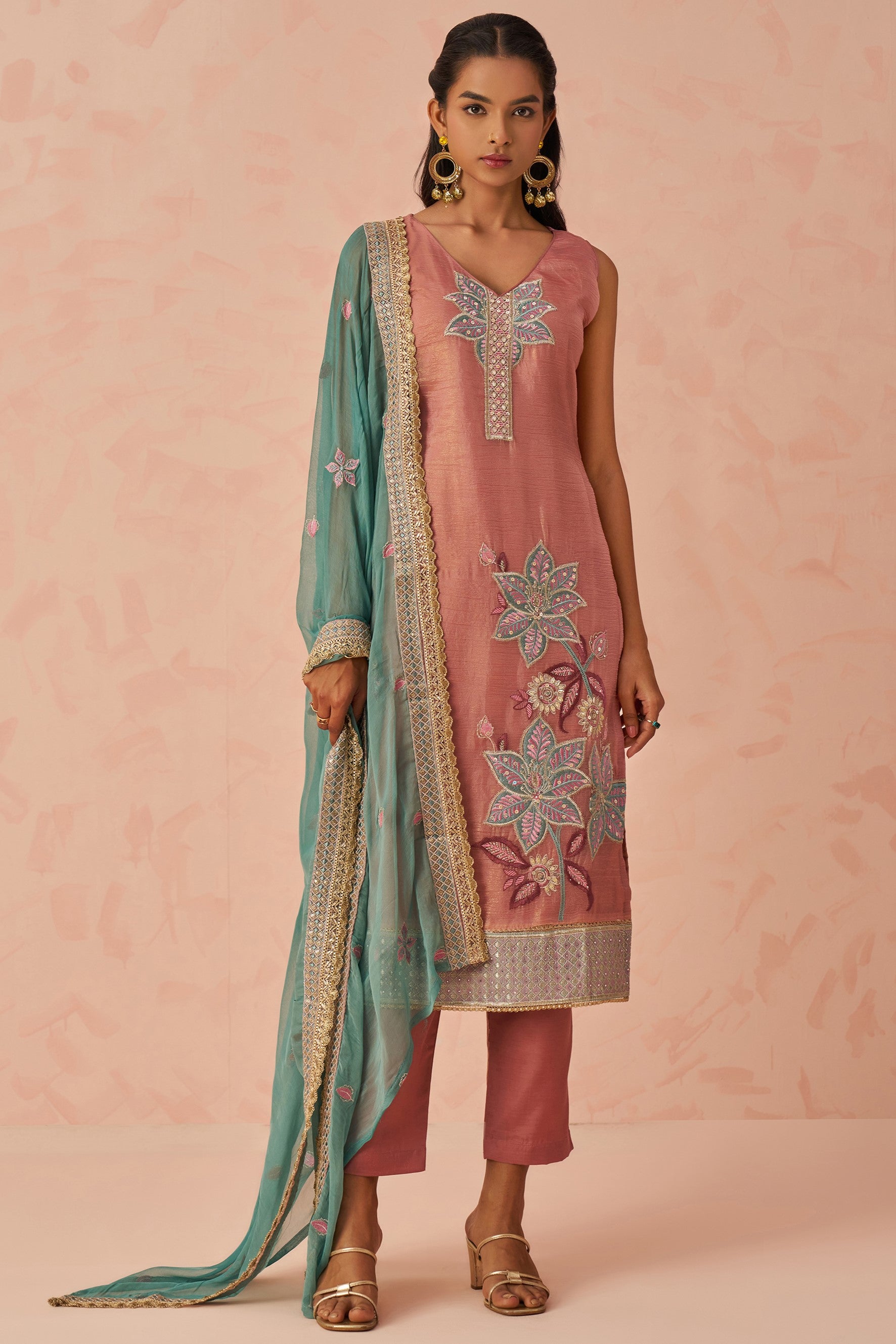 Dusty Rose Crush Fabric Kameez with Pant & Chiffon Dupatta For Ladies Festivals & Weddings - Embroidery Work