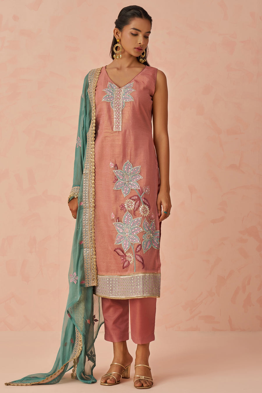 Dusty Rose Crush Fabric Kameez with Pant & Chiffon Dupatta For Ladies Festivals & Weddings - Embroidery Work