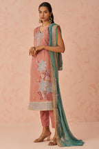 Dusty Rose Crush Fabric Kameez with Pant & Chiffon Dupatta For Ladies Festivals & Weddings - Embroidery Work