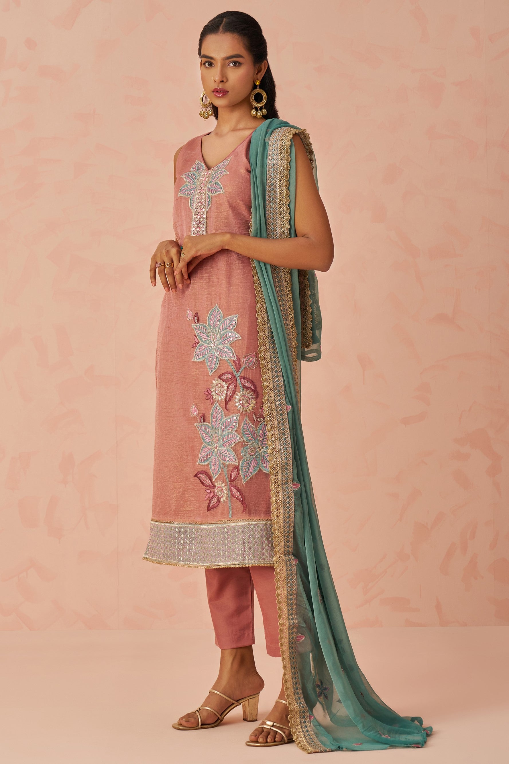 Dusty Rose Crush Fabric Kameez with Pant & Chiffon Dupatta For Ladies Festivals & Weddings - Embroidery Work