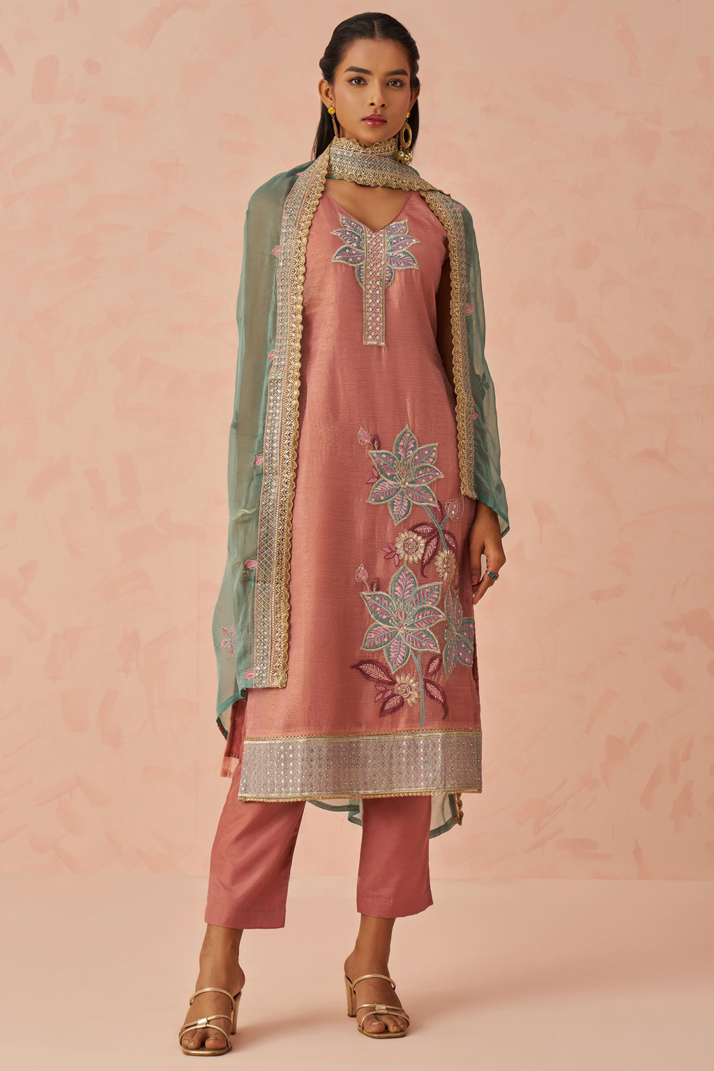 Dusty Rose Crush Fabric Kameez with Pant & Chiffon Dupatta For Ladies Festivals & Weddings - Embroidery Work