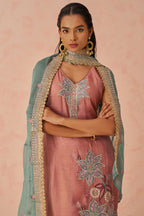 Dusty Rose Crush Fabric Kameez with Pant & Chiffon Dupatta For Ladies Festivals & Weddings - Embroidery Work