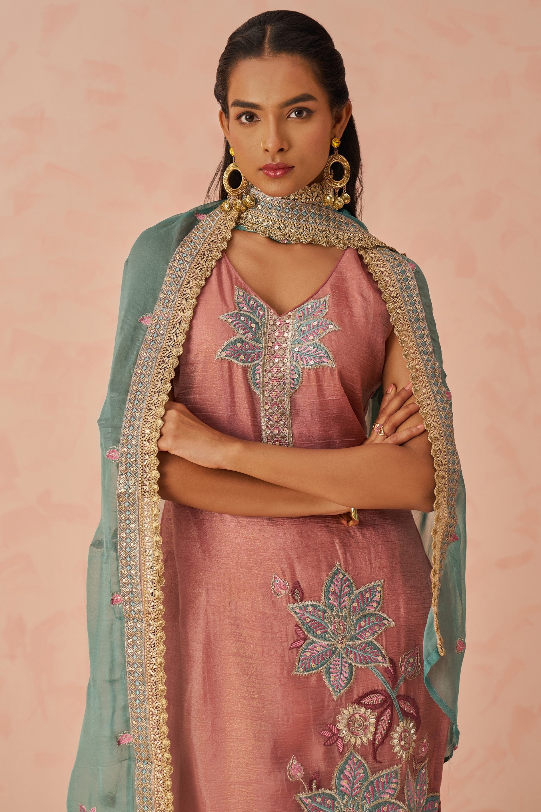 Dusty Rose Crush Fabric Kameez with Pant & Chiffon Dupatta For Ladies Festivals & Weddings - Embroidery Work
