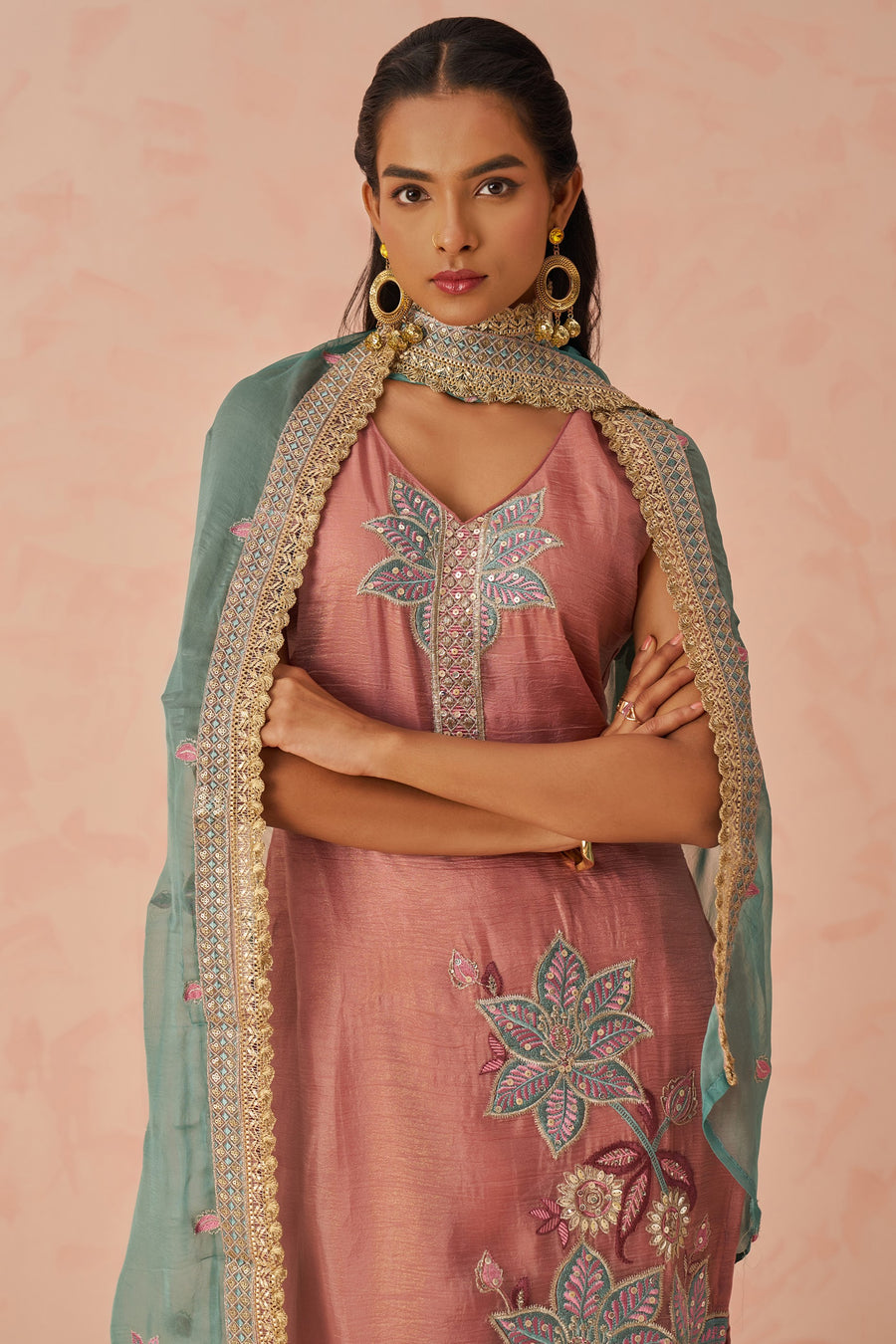Dusty Rose Crush Fabric Kameez with Pant & Chiffon Dupatta For Ladies Festivals & Weddings - Embroidery Work