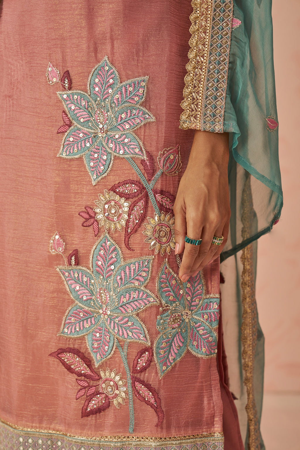 Dusty Rose Crush Fabric Kameez with Pant & Chiffon Dupatta For Ladies Festivals & Weddings - Embroidery Work
