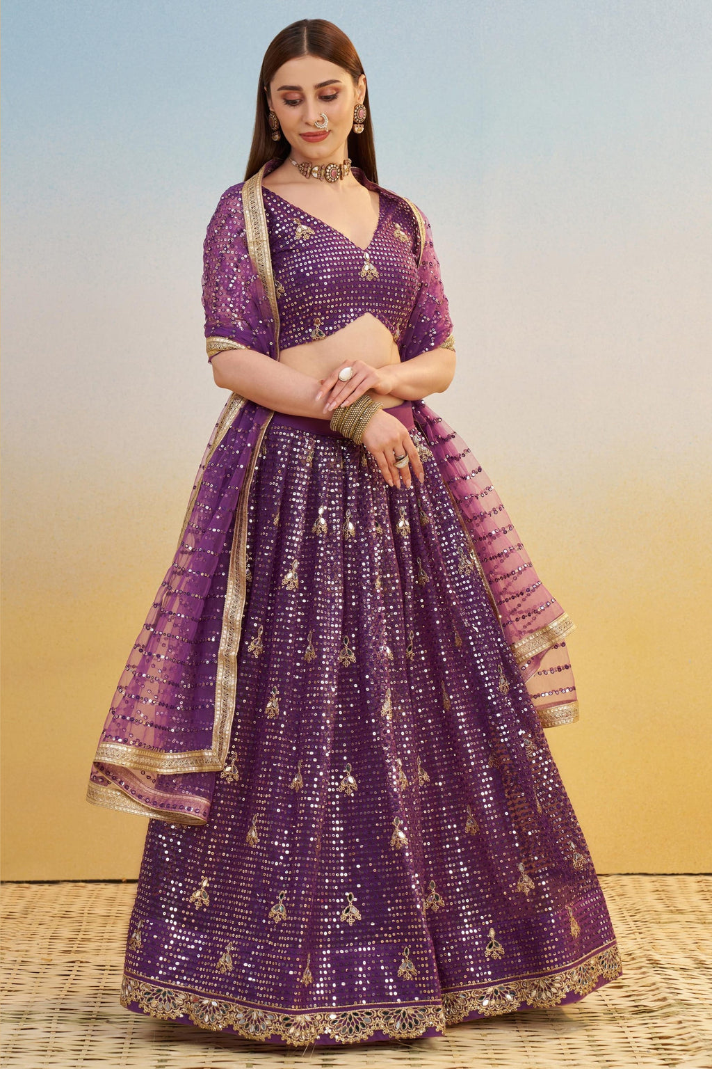 Purple Net Lehenga Choli For Indian & Pakistani Wedding Festival - Thread & Sequins Embroidery Work, Real Mirror Work