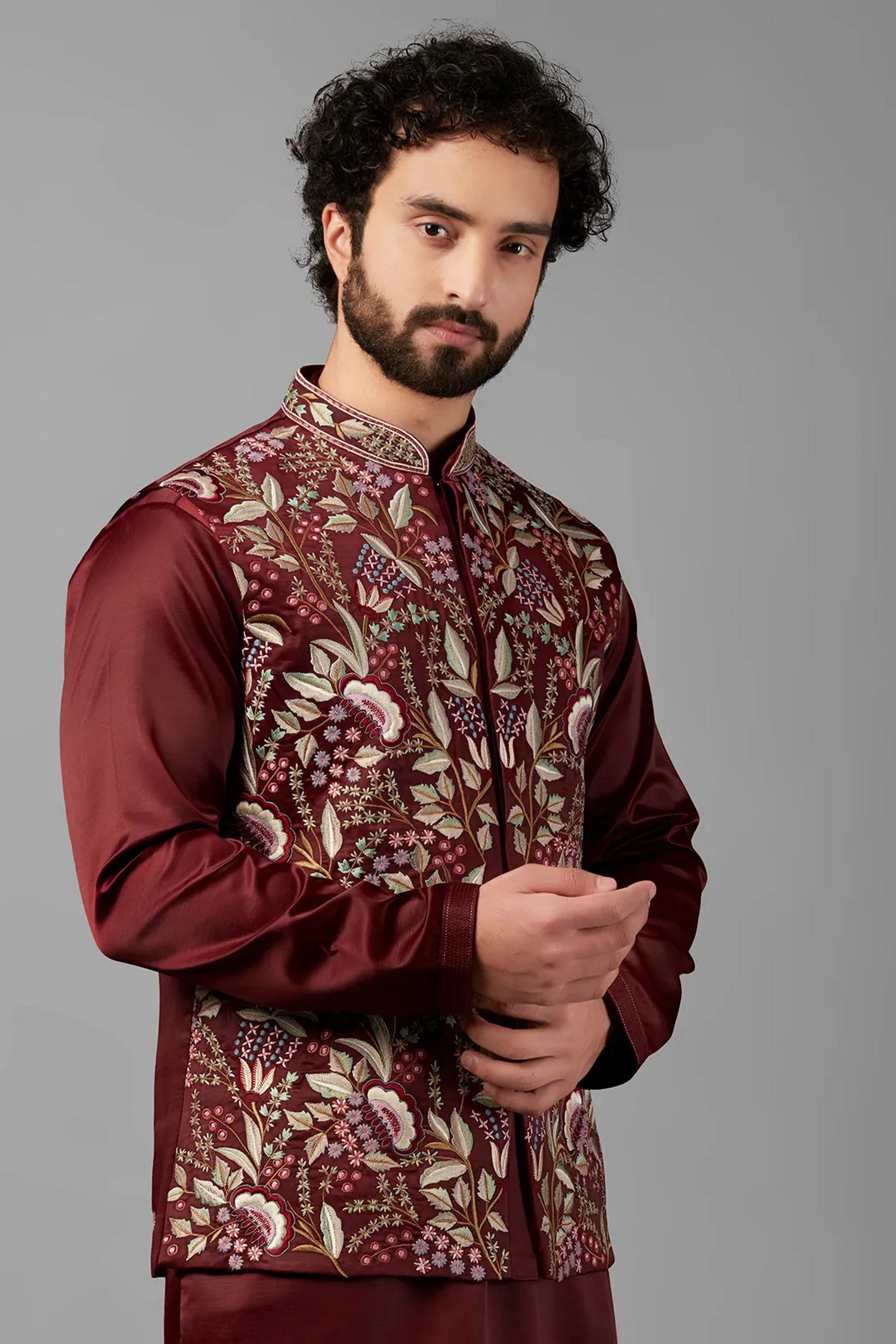 Maroon Shiny Polyester Silk Men's Wedding Suit Waistcoat, Kurta with Pant - Embroidery Work