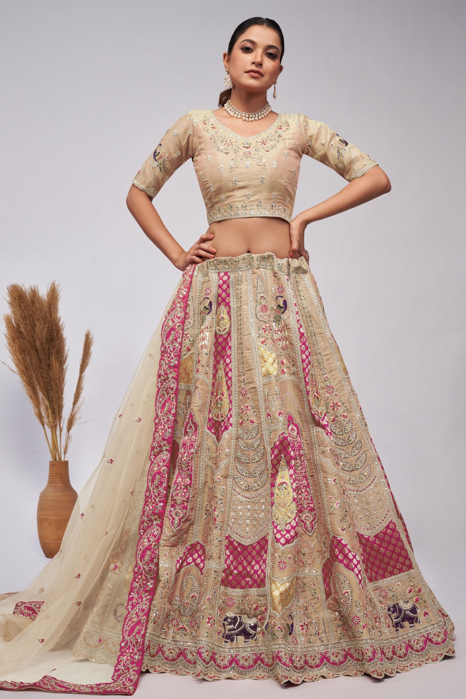 Cream Zari Silk Lehenga Choli For Indian Festivals & Weddings - Sequins Work, Patch Work, Zarkan Work, Thread Work