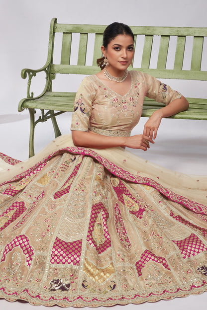 Cream Zari Silk Lehenga Choli For Indian Festivals & Weddings - Sequins Work, Patch Work, Zarkan Work, Thread Work