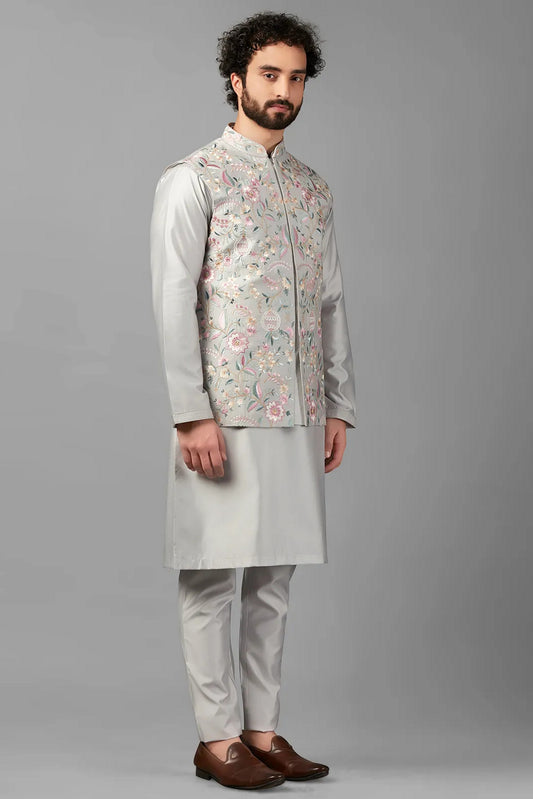 Grey Silk Men's Wedding Suit Waistcoat with Kurta & Pant - Embroidery Work