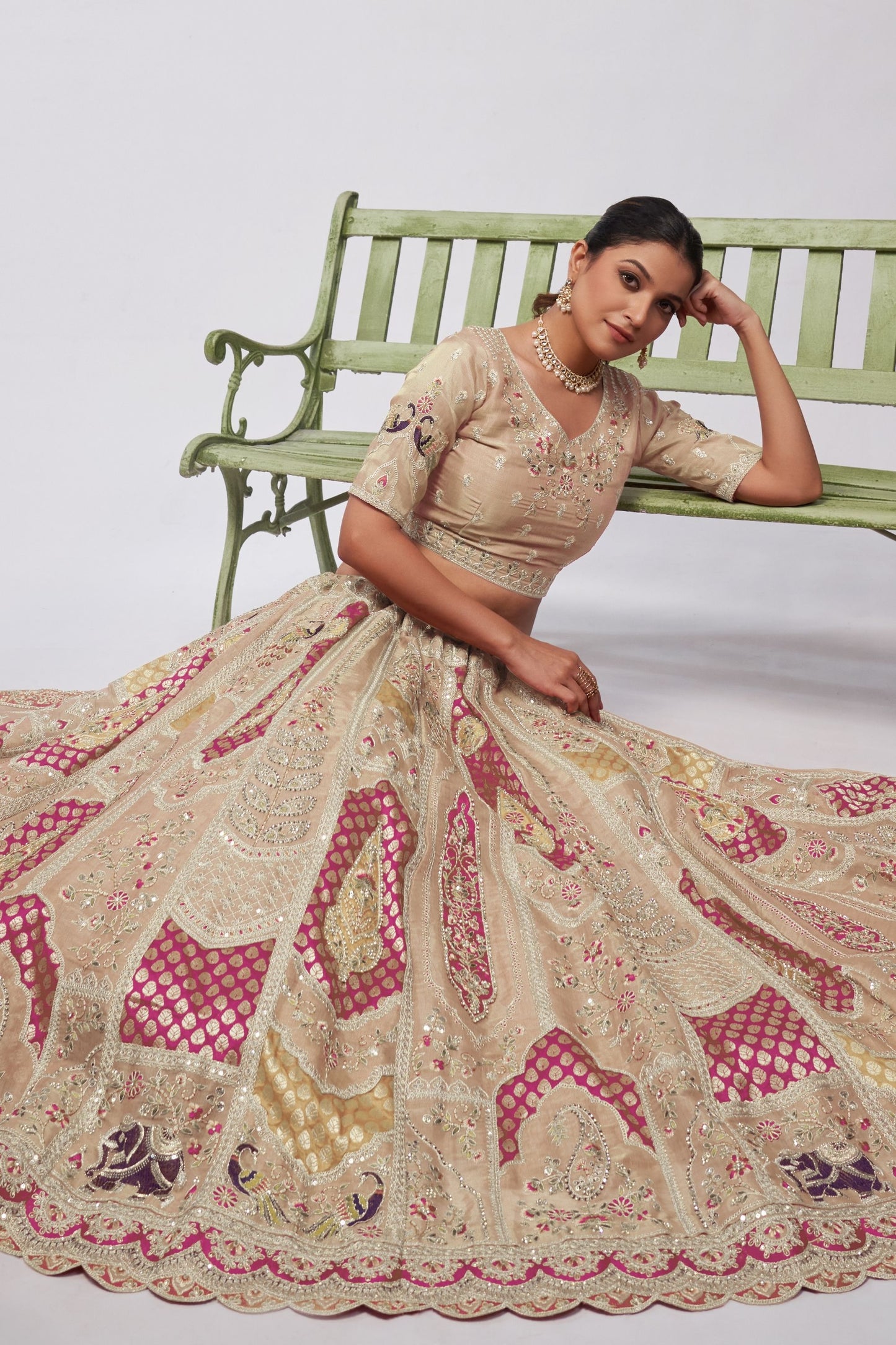 Cream Zari Silk Lehenga Choli For Indian Festivals & Weddings - Sequins Work, Patch Work, Zarkan Work, Thread Work