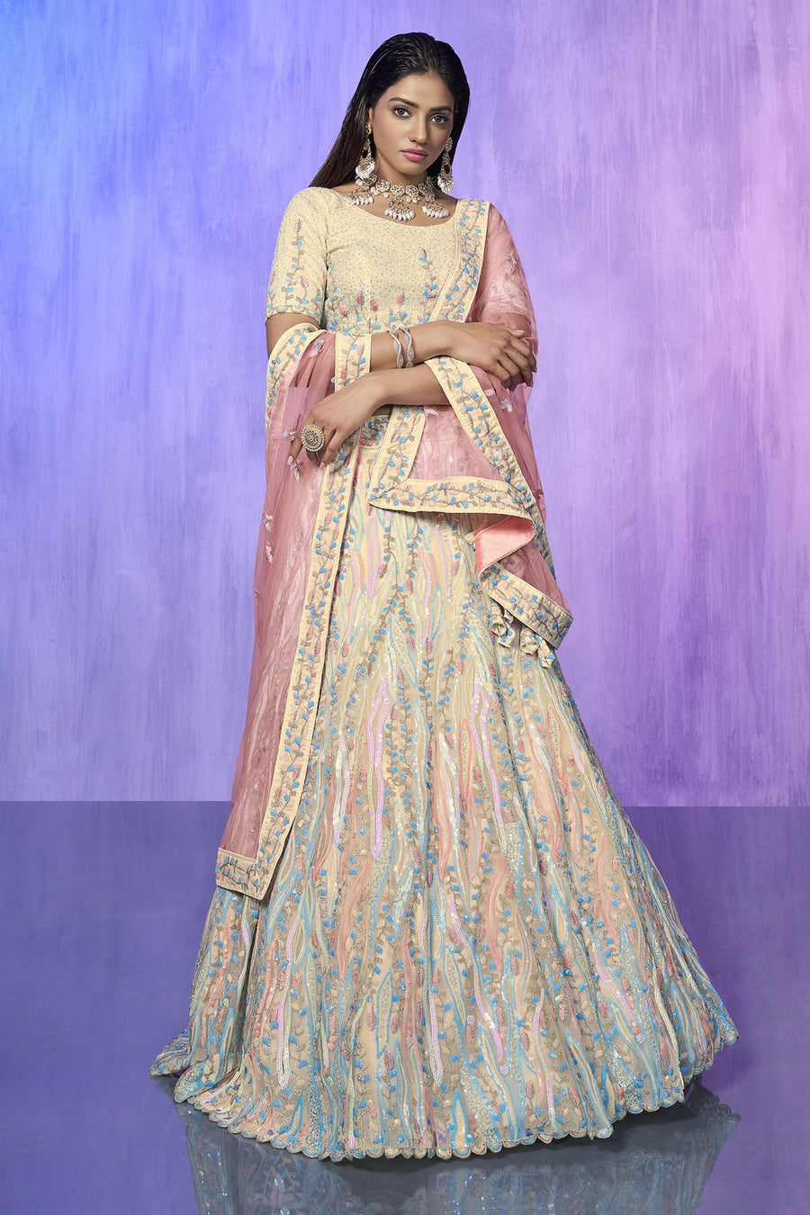 Off White Pakistani Organza Lehenga Choli For Indian Festivals & Weddings - Embroidery Work,